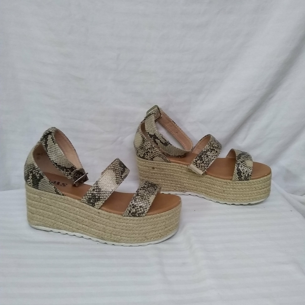 AMS Sandals EMMA Ankle Strap 3" Woven Wedges Heel Snake Beige & Black 6.5